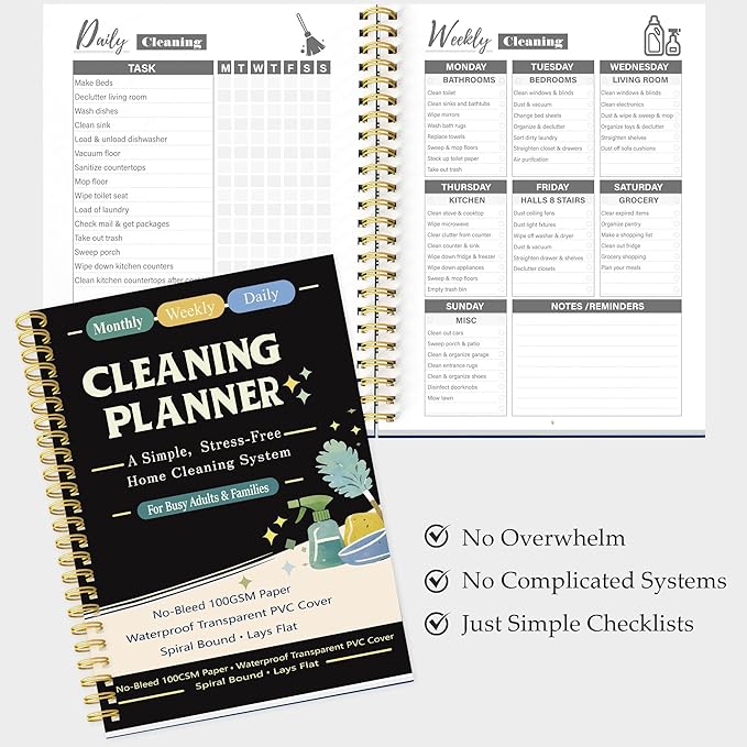 Cleaning Planner & Chore Checklist Organizer – Monthly Weekly Daily Cleaning Schedule Notebook, No-Bleed 100GSM Paper, Waterproof Transparent PVC Cover, Spiral Bound Home Cleaning Planner for Busy Families