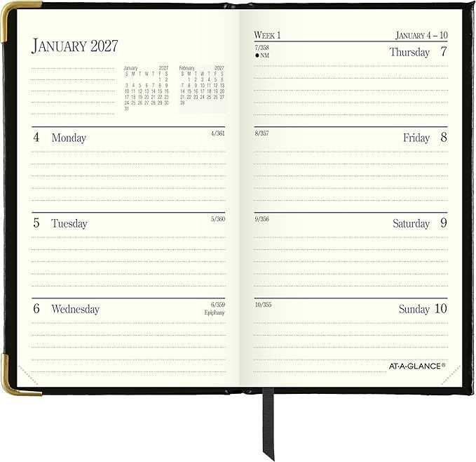 AT-A-GLANCE 2027 Planner, Weekly & Monthly, 3" x 5", Pocket Size Fine Diary, Faux Leather Hardcover, Black (7011110527)