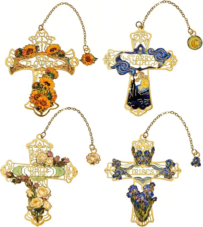4PCS Cross Metal Bookmarks, Vintage Van Gogh Bookmark, Christian Gift, Book Lover Gifts for Teacher Writers Readers Adults