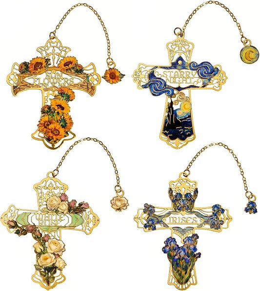 4PCS Cross Metal Bookmarks, Vintage Van Gogh Bookmark, Christian Gift, Book Lover Gifts for Teacher Writers Readers Adults