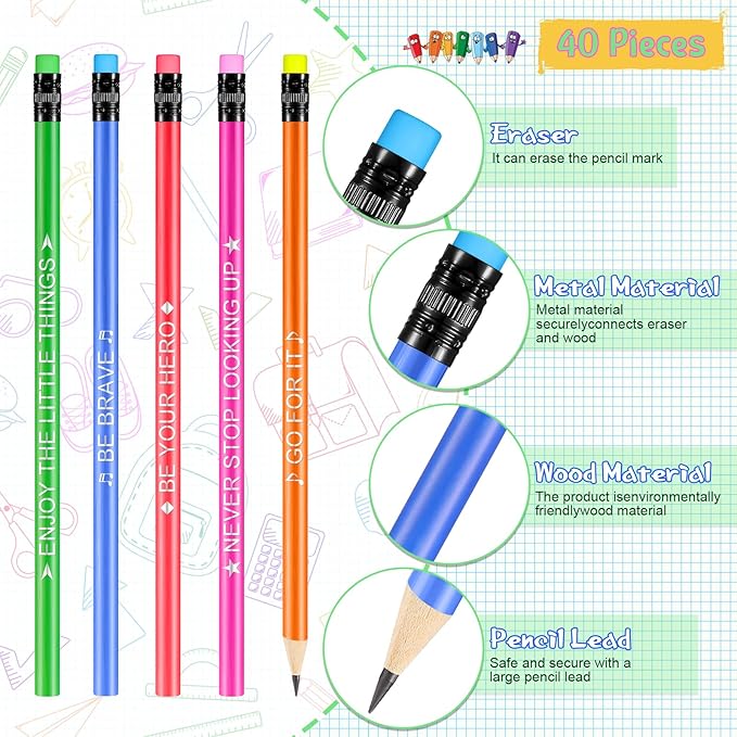 Eersida 40 Pcs Color Changing Mood Pencils Fun Pencils Bulk for Kids Students Motivational Pencil 2B Assorted Thermochromic Pencil with Eraser (Motivational)