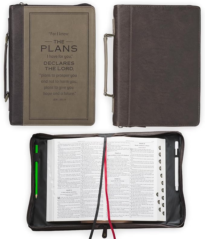 Christian Art Gifts Premium Vegan Leather Inspirational Bible Cover for Men & Women: Know the Plans Debossed Encouraging Scripture, Easy Carry Handle Zippered Case, Pen Loops, Pockets, Brown, Medium