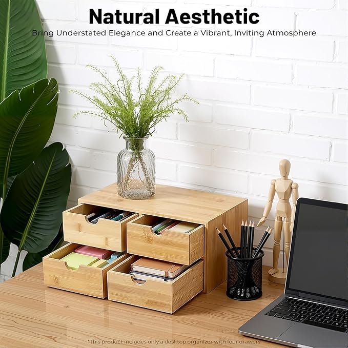 Desk Organizer, Office Vanity Bamboo Desk Organizer, Mini Bamboo Desk Drawer Tabletop Storage Box with 4 Drawer Night Stand Table Organizer for Makeup Vanity Office Supplies (4 Drawer)