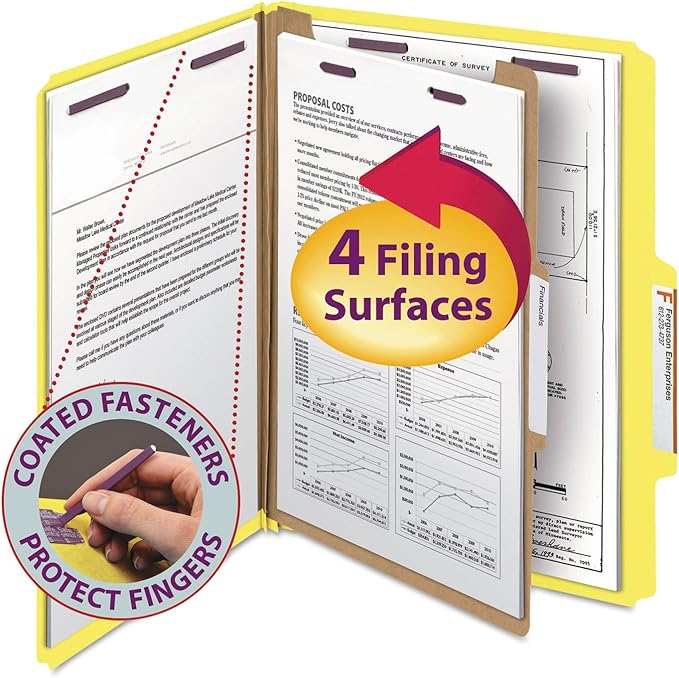 Smead Pressboard Classification File Folder with SafeSHIELD Fasteners, 1 Divider, 2" Expansion, Letter Size, Yellow, 10 per Box (13734)