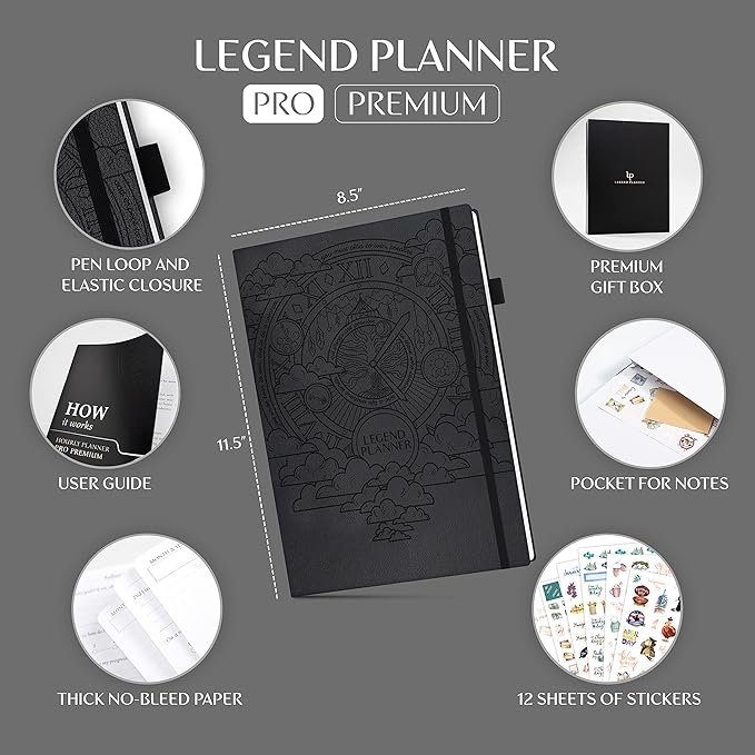 Legend Hourly Planner PRO Premium – Undated Schedule Planner with Time Slots – Weekly, Monthly & Daily Personal Organizer, A4 (Black)