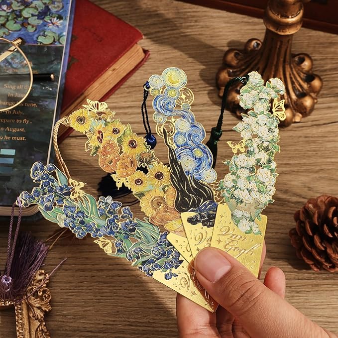 4 Pieces Bookmarks with Tassel, Golden Hollow Metal Bookmark Monet Oil Painting Theme Book Mark for Women Book Lovers Writers Readers Children Teenage Girls, (Flowers Style)