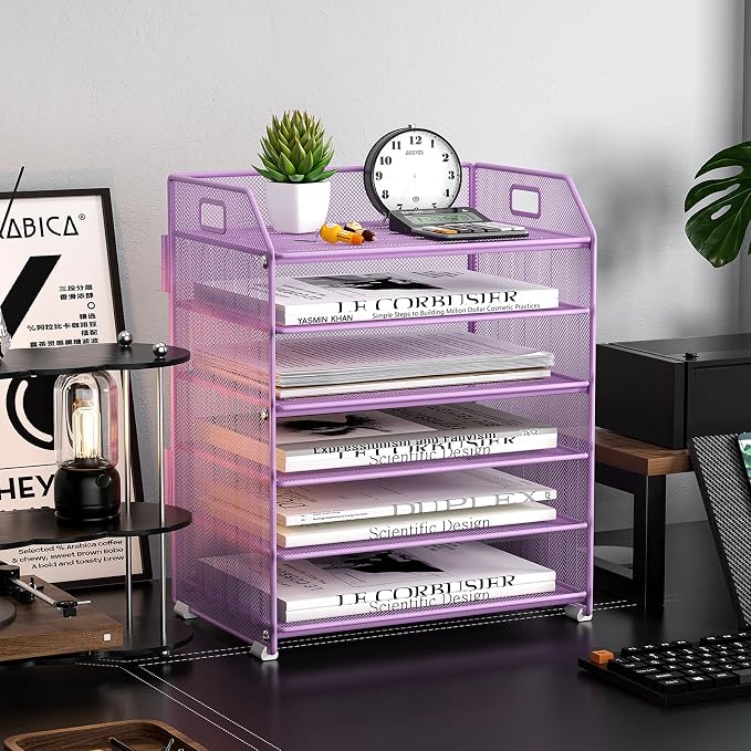 6 Trays Paper Organizer Letter Tray with Pull-Out Drawer, Assembled Mesh Desk File Holder, Metal Paper Sorter for Office Documents, Purple