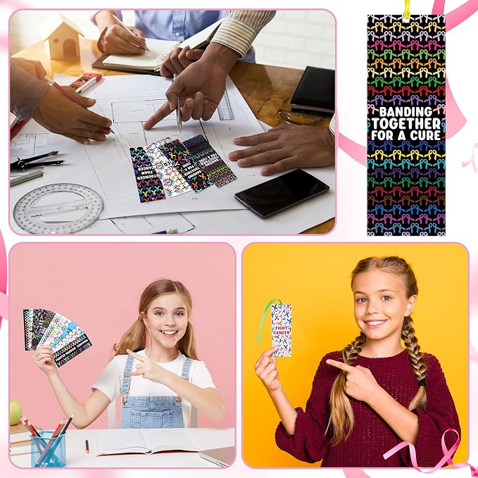 Yaomiao 120 Pcs Cancer Awareness Laminated Bookmarks Bulk Colorful Ribbon Bookmarks All Cancer Awareness Book Markers for Charity Fundraiser Support Items Office Supplies