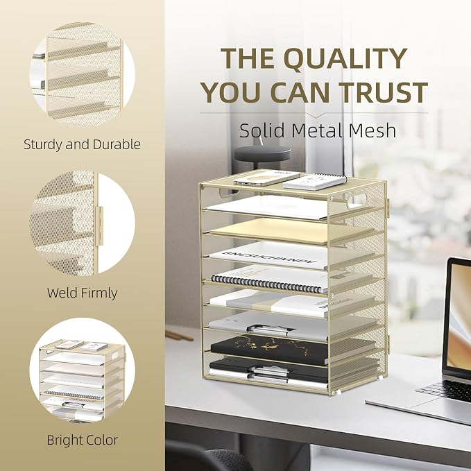 DALTACK 9-Tier Paper Organizer for Desk, Mesh Letter Tray Desk Organizer with Handles, Space-Saving File Organizer for Office Home School, Golden Yellow