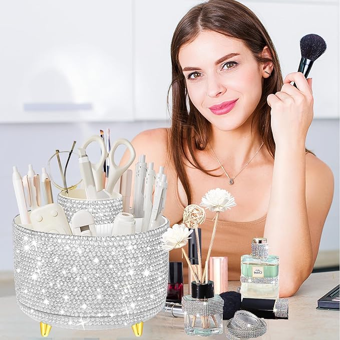Yi-gog 360°Rotating Makeup Organizer Brush Holder with DIY Diamond Gifts Women Girls Vanity Desktop Office Dresser Bedroom