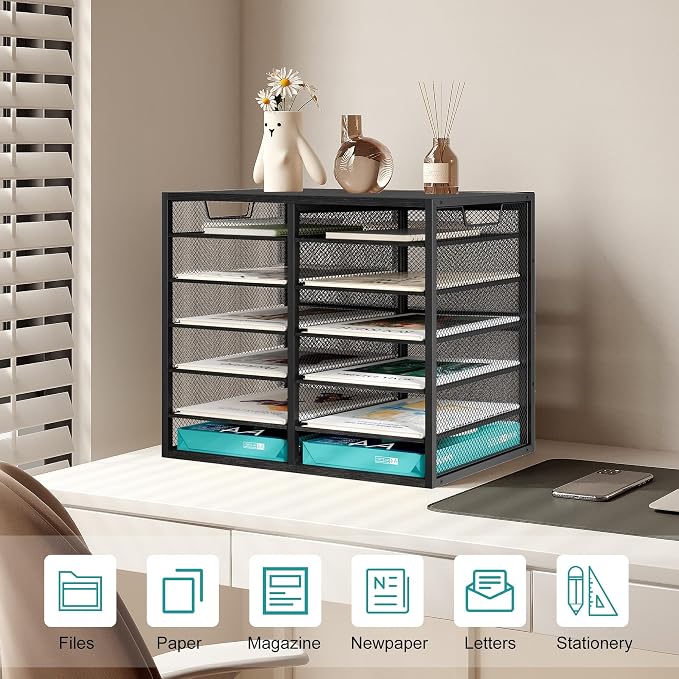 TQVAI 12 Compartments Desktop Literature Organizer, Metal Frame Paper Sorter with Handles, Adjustable Mailbox for Classroom and Office, Desk File Organizer for Document, Bill, Magazine, Black