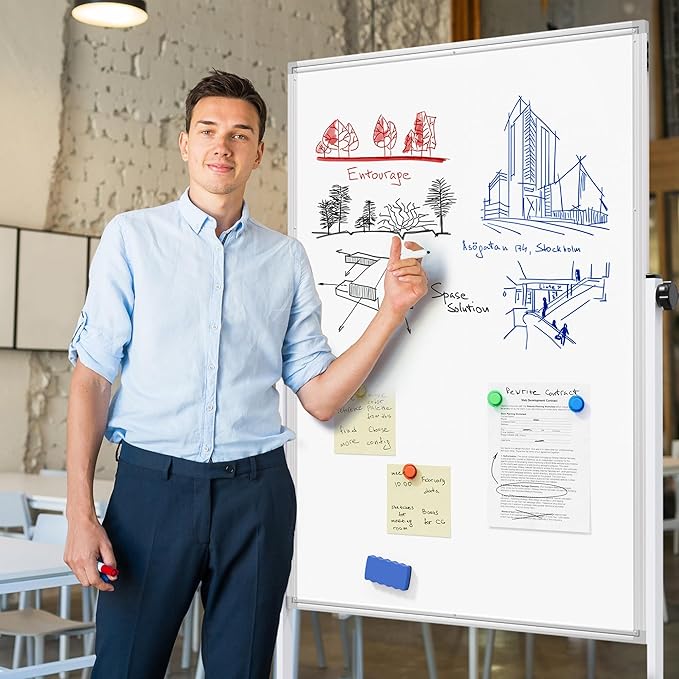 Large Rolling Whiteboard on Wheels, 48" x 32" Height Adjustable Mobile White Board with Stand, Portable Standing Magnetic Dry Erase Board Easel for Home Office Classroom School, Silver