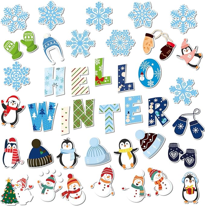 Marspark 68 Pieces Winter Classroom Decoration Christmas Bulletin Border Decoration Hello Winter Cutouts Snowman Penguin Snowflake Wall Decor for School Classroom Christmas Party