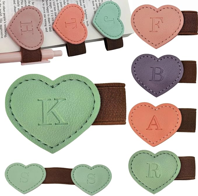 Personalized Magnetic Leather Heart Bookmark with Pen Holder - 26 Letters Custom Book Mark Notebook Pencil Loop with Initial Book Marker for Readers, Book Lovers- Gifts for Women Men(Green,K)
