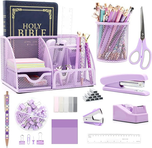 Purple Desk Organizers and Accessories,12pcs Office Desk Accessories Supplies,With Pen Holder, Tape Holder, Stapler, Scissors, Ruler, Staple Remover for Home & School, Office Supplies Gift for Women