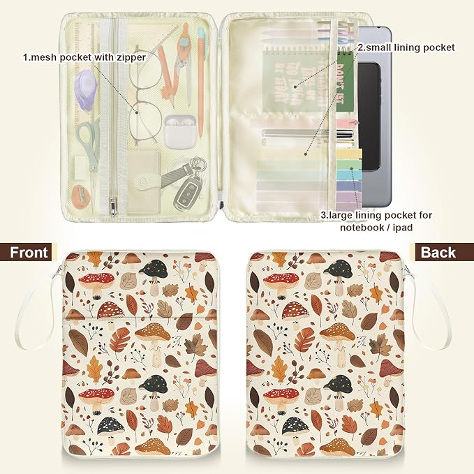 Book Sleeve Book Cover Bag, PU Leather Waterproof Book Pouch, Book Protector Case with Zipper, Fall Autumn Leaf Mushroom Print Portable Book Cover Bag for Book Lovers Gifts Paperbacks Hardcover
