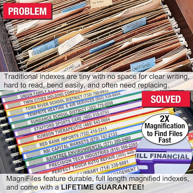 Ultimate Office MagniFile Insertable Hanging File Folder Tabs. Indexes that Double The Size of Your File Titles to Find Files Fast! (Set of 10), Assorted
