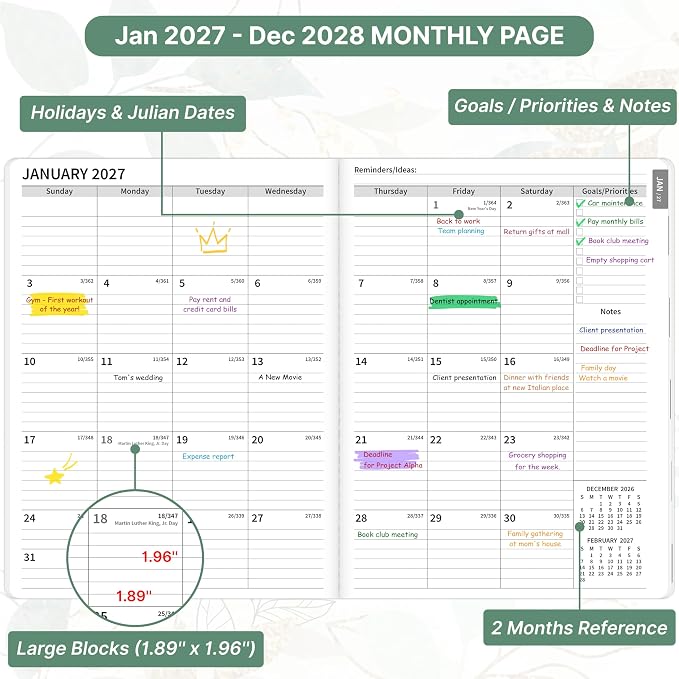 2027-2028 Monthly Planner, 2 Year Calendar Planner, Jan 2027 - Dec 2028, 8.3'' x 11'', 24 Months, Embossed Cover, with Printed Tabs ＆Pocket, Elastic Closure, Organizer for Office Home School, Green