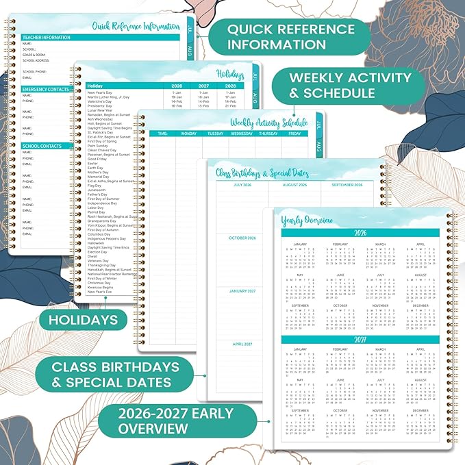 Teacher Planner 2026-2027 - Teacher Lesson Planner 2026-2027, July 2026 - June 2027, 11" x 8.3", Weekly & Monthly Lesson Plan Book for Teachers - Engraved Floral