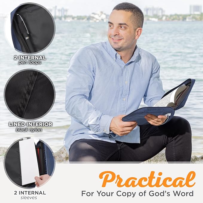Christian Art Gifts Polyester Bible Cover for Men & Women w/Jesus Fish Patch, Zipper Pocket, Pen Loops, Easy Carry Book Case for Stationery, Accessories, Navy Blue, Large