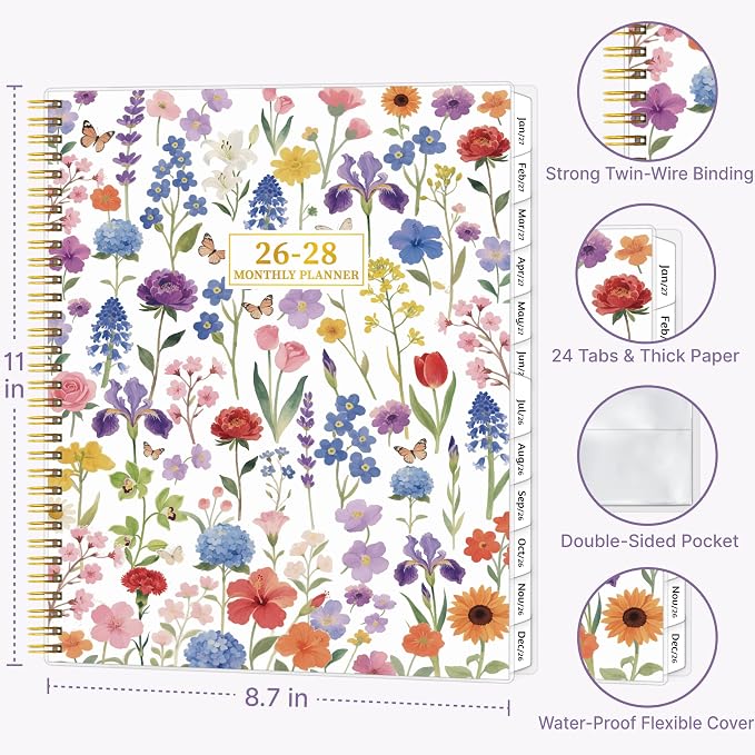 2026-2028 Monthly Planner, 2 Year Calendar Planner, Jul 2026 - Jun 2028, 8.5’’ x 11’’, Large Spiral Agenda, 24 Months, with Tabs ＆Pocket, Flexible Cover, Organizer for Office Home School, Flowers