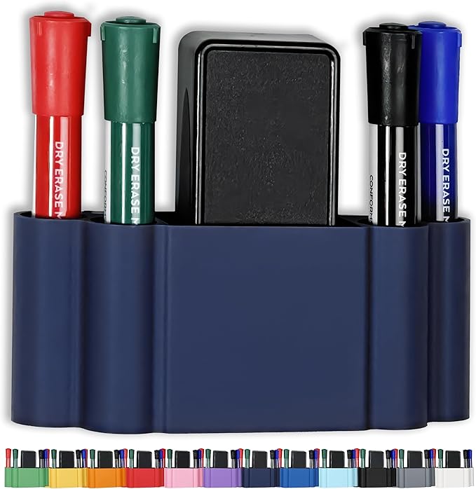 Glassboard Studio Magnetic Dry Erase Marker Holder - Super Strong for Magnetic Glass Whiteboard or Fridge - 2 Large Neodymium Magnets - No Slip Grip - Eco-Friendly PLA Plastic (Navy Blue, KIT)