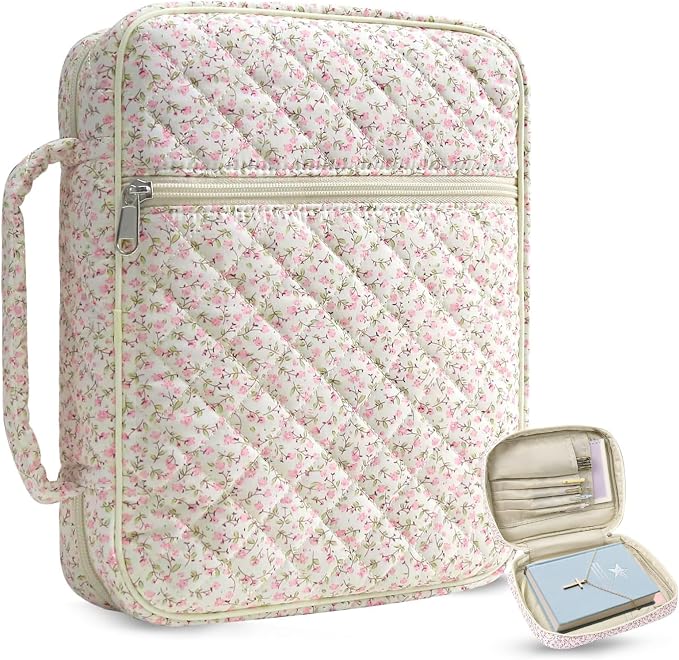 Large Bible Cover Case for Women, Large Floral Quilted Cotton Bible Carrying Cases Protective Bag with Handle and Zippered Pocket for Christian, Bible Study Supplies Christian Gifts (Pink Floral)