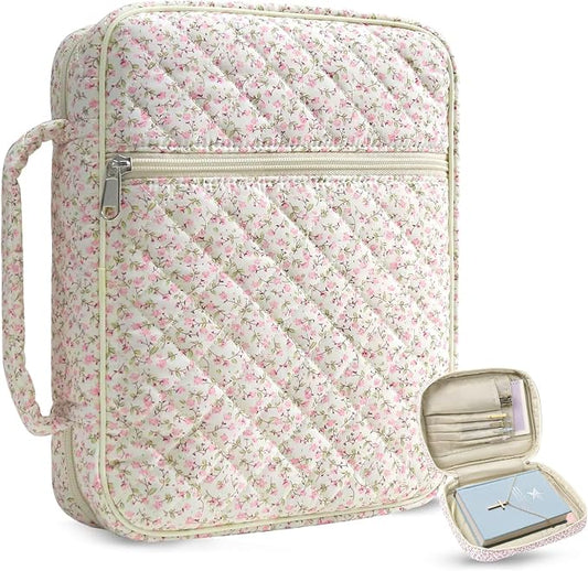 Large Bible Cover Case for Women, Large Floral Quilted Cotton Bible Carrying Cases Protective Bag with Handle and Zippered Pocket for Christian, Bible Study Supplies Christian Gifts (Pink Floral)