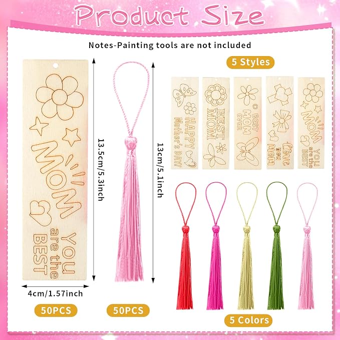 AmazingSpark 100 Pcs Mother's Day Wooden Bookmarks, 50 Set DIY Craft Kit with Tassels, Blank Coloring Bookmarks for Mom Grandma Gifts, Classroom Activity, Party Favor