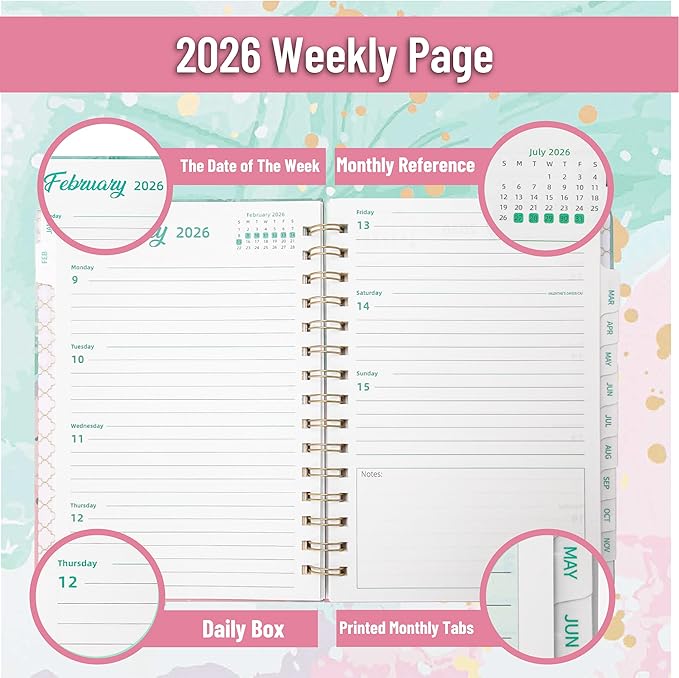 2026 Planner, Weekly and Monthly Calendar Planner for Women, Jan 2026 - Dec 2026, Hardcover Planning Agenda book, Spiral Bound, Inner Pocket, 6.3" x 8.5"