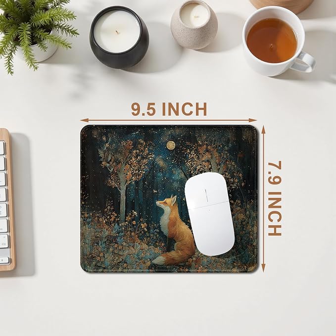 Dark Moody Forest Fox Mouse Pad, Fox Gifts for Women Men, William Morris Inspired Cottage Core Moonlight Wild Animal Mouse Pad for Home Office Computer Gaming Desk Essentials, 9.5x7.9 Inch