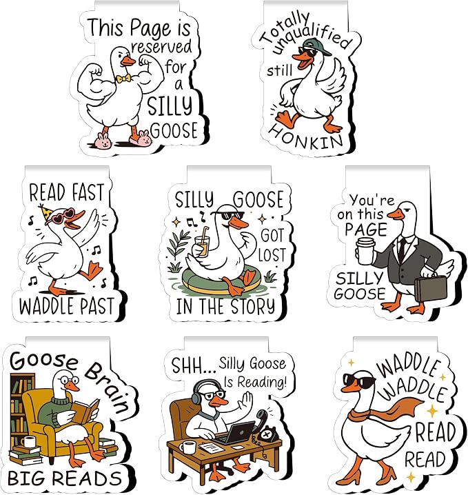 Funny Goose Magnetic Bookmark - 8 Pcs Silly Meme Book Mark Magnets Gifts for Reading Women Cute Cartoon Animal Page Marker Clip for Book Lovers Bookish Student Teacher School Supplies