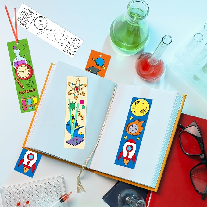 72Pcs Science Color Your Own Bookmarks for Kids Funny Chemistry lab Astronaut DIY Coloring Blank Book Marker for Teacher Student Classroom Reading Club Art Craft Supplies Party Reward Goodie Fillers