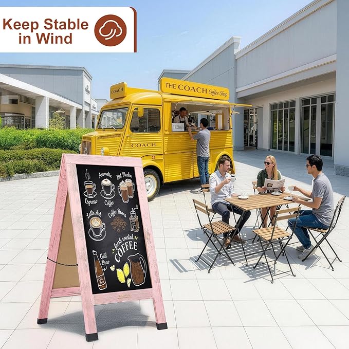 Wood Magnetic A-Frame Chalkboard Signs, 40" x 20" Large Sandwich Board Signs Outdoor, Double-Sided Sidewalk Blackboard for Business, Wedding, Vendor Display, Coffee Shope - Pink