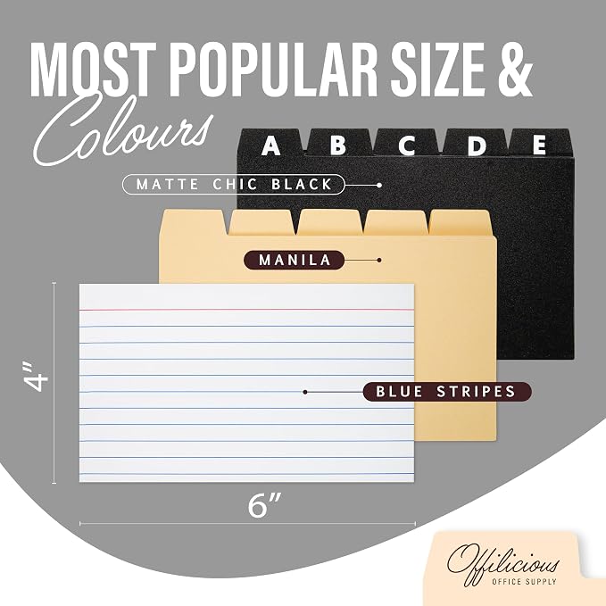 OFFILICIOUS Black Index Card Holder 4x6 - Index Card Box With Index Dividers, Ruled Cards & Stickers - Recipe & Flash Card Holder Box Organizer