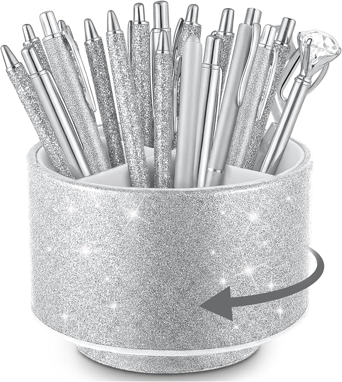 Epakh PU Leather Glitter Pen Holder 360 Degree Spinning Silver Bling Pencil Cup Gift for Teacher Women Girls Makeup Brush Organizer Cup Desk Office Classroom Home Back to School Festival (6 Inch)
