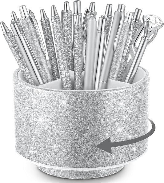 Epakh PU Leather Glitter Pen Holder 360 Degree Spinning Silver Bling Pencil Cup Gift for Teacher Women Girls Makeup Brush Organizer Cup Desk Office Classroom Home Back to School Festival (6 Inch)