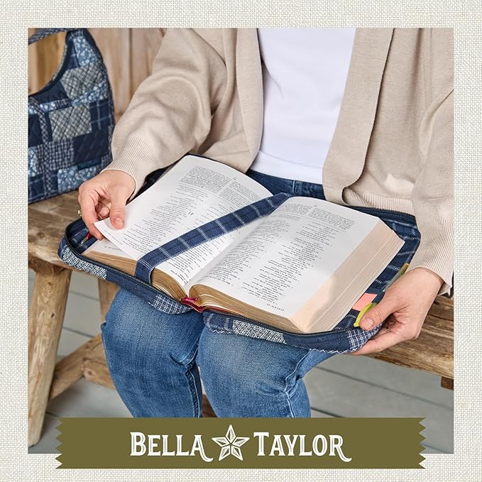 Bella Taylor Quilted Bible Cover for Women, Cotton Fabric Bible Case for Medium and Large Study Bibles, Heritage Blue Patch