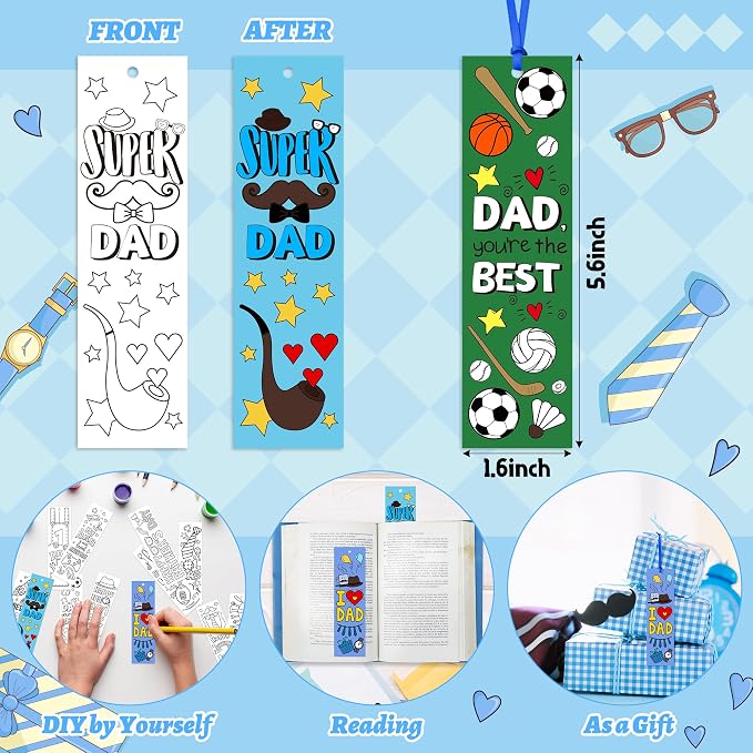 BWkoss Father's Day Color Your Own Bookmarks for Kids -75Pcs Happy Father's Day DIY Coloring Bulk Blank Bookmark Classroom Art Craft Supplies for Student Father's Day Holiday Party Goodie Fillers