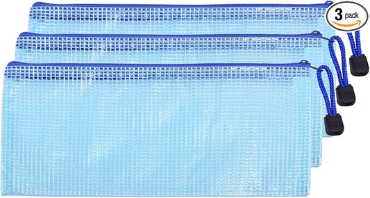3 Pcs 4.13" x 9.25" Bills Sizes Mesh Zipper Pouch Bags, Mesh Bags with Zipper，Waterproof Clear Document Pouch for Organization Puzzles Travel, Office, Classroom Organization, Bills Blue