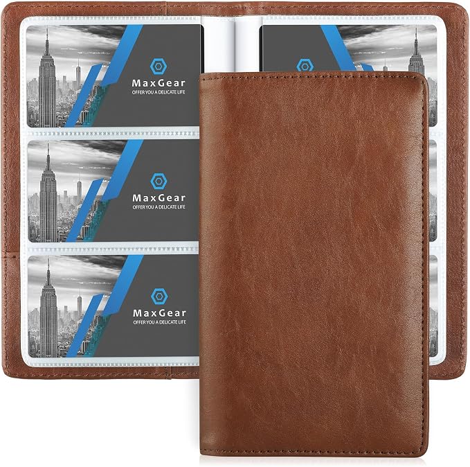 MaxGear Business Card Organizer Book, Holds 240 Cards, Portable PU Leather Business Card Holder with Clear Sleeves, Professional Card Binder for Office, Meetings, Networking, Coffee