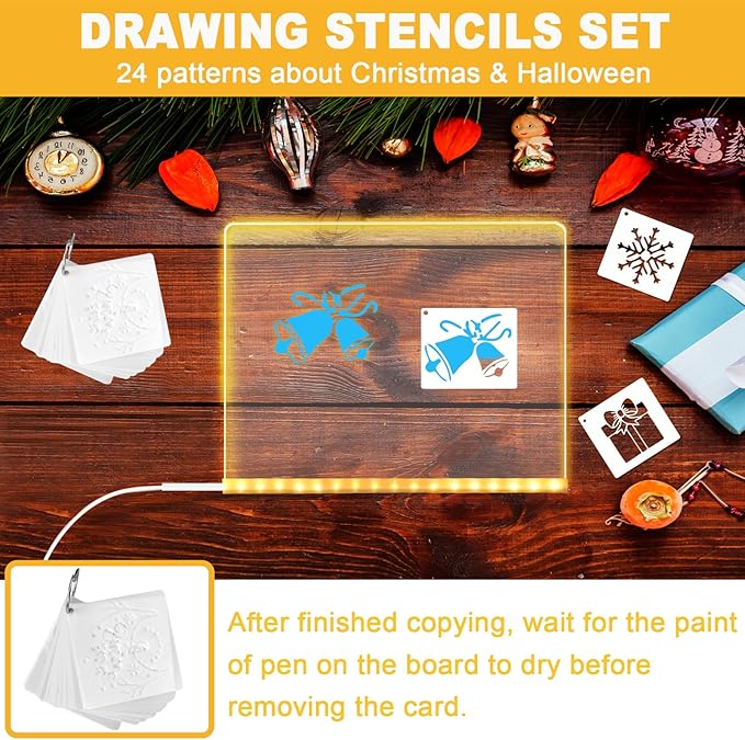 LED Acrylic Message Board, Light Up Acrylic Dry Erase Board 5.9x5.9” with Stand, LED Note Board with Colors, Glow Memo Message Writing Board with Light, Drawing Stencils Set Included