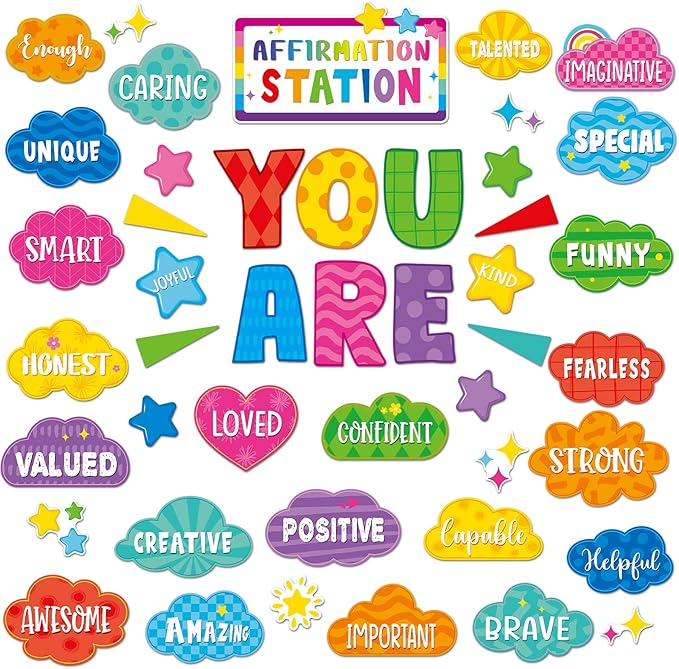 45pcs Bright Affirmation Station Bulletin Board Set Motivational Posters Classroom Mirror Growth Mindset Decor Positive Affirmations Accents Cutouts for School Office Home Teacher Wall Supply