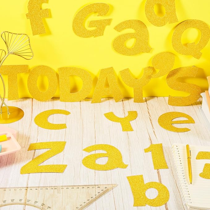 Colarr 216 Pcs Gold Glitter Bulletin Board Letters for Classroom Number Alphabet Punctuation Symbol Cutout 4'' Die-Cut Poster Letter with Adhesive Dot School Graduation Party Holiday Decor Display