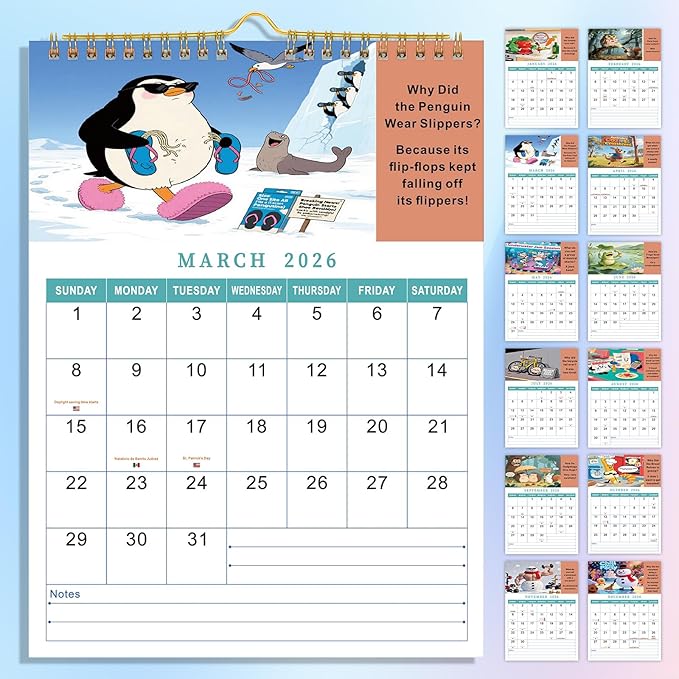 Wall Flip Calendar 2026 Office Decor 12-Months Cute Wall Calendar 2026 Jan-Dec, Wall and Desk Fun Monthly Calendar with Jokes, US Holidays, A4 Size