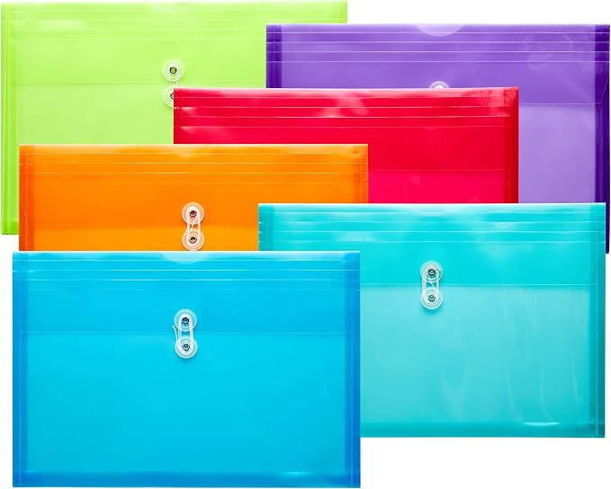 FANWU Plastic Legal Size Envelopes with String Tie Closure, 1-1/4" Expansion, Side Load, Clear File Folders Poly Project Paper Documents Organizer for Office School Home (Assorted Colors - 6 P)