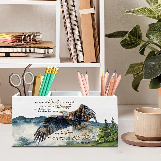 DILSJ Christian Inspirational Pen Pencil Holder Organizer for Desk, Inspirational Gifts for Women, Bible Verse Scripture Eagle Wooden Box Signs for Church Prayer Room Desk Tabletop Decoration Supplies