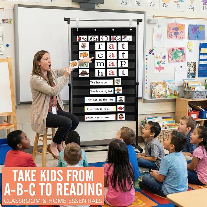 Pocket Chart for Classroom - Large Black 10 Pocket Chart for Alphabet Learning Word Wall Calendar Daily Schedule Sentence Strips Sticker Display, Teacher Supplies for Preschool Kindergarten & Home