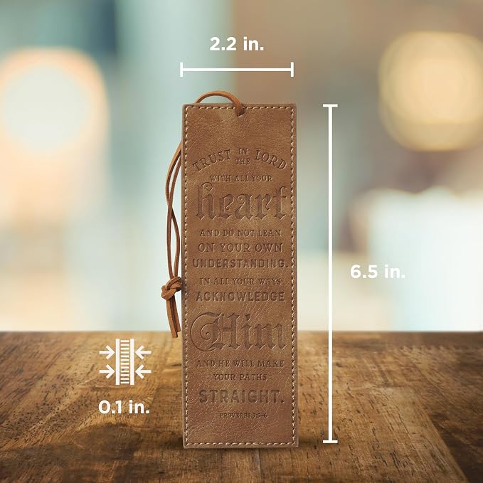 Christian Art Gifts Premium Faux Leather Scripture Bookmark for Men & Women: Trust in The Lord - Proverbs 3:5-6 Inspirational Bible Verse, Heat-Debossed, Brown with Cord Tassel, Reading Book Accessory