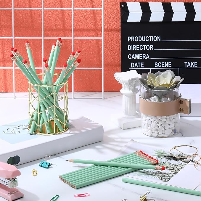 Outus 24 Pieces Round Pencils HB Graphite Pencils Wood Pencils with Eraser Cute Pencil Pack for School Drawing Sketching Wedding Office Supplies(Sage Green)